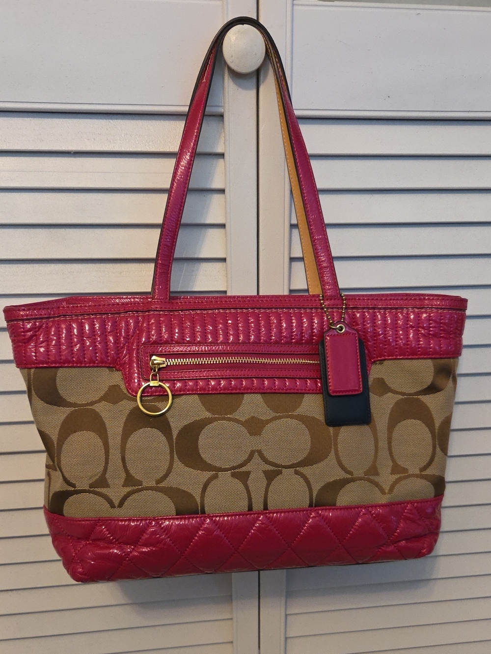 Coach Signature Canvas Tote with Pink Trim and Gold Hardware